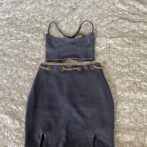 Stylish Gray Two-Piece Set with Gold Chain Detail